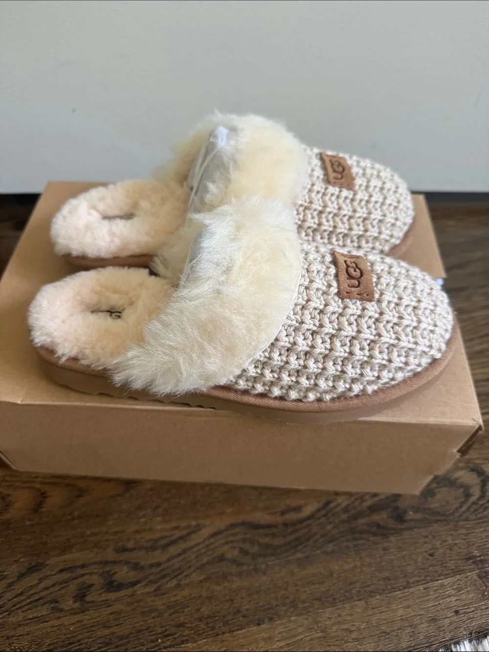 UGG Kids Knit Shearling-Lined Slippers in Cream
